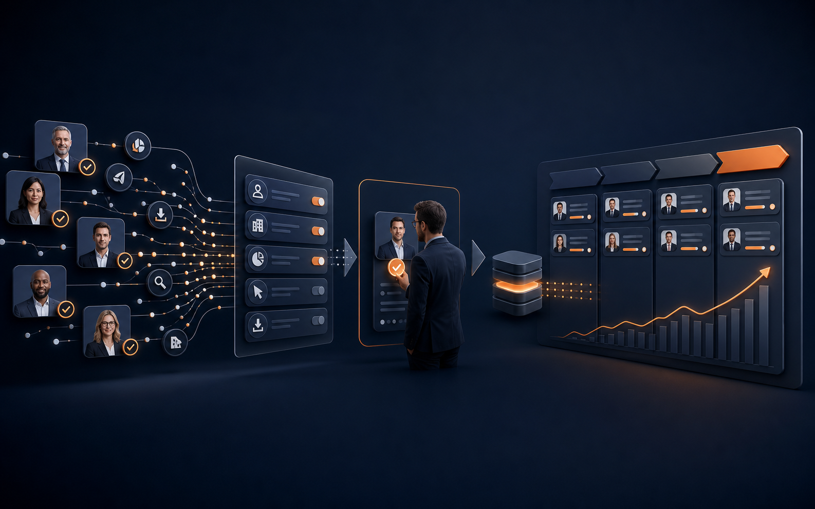 Buyer profiles moving through targeting, human verification, and CRM delivery into a qualified pipeline dashboard